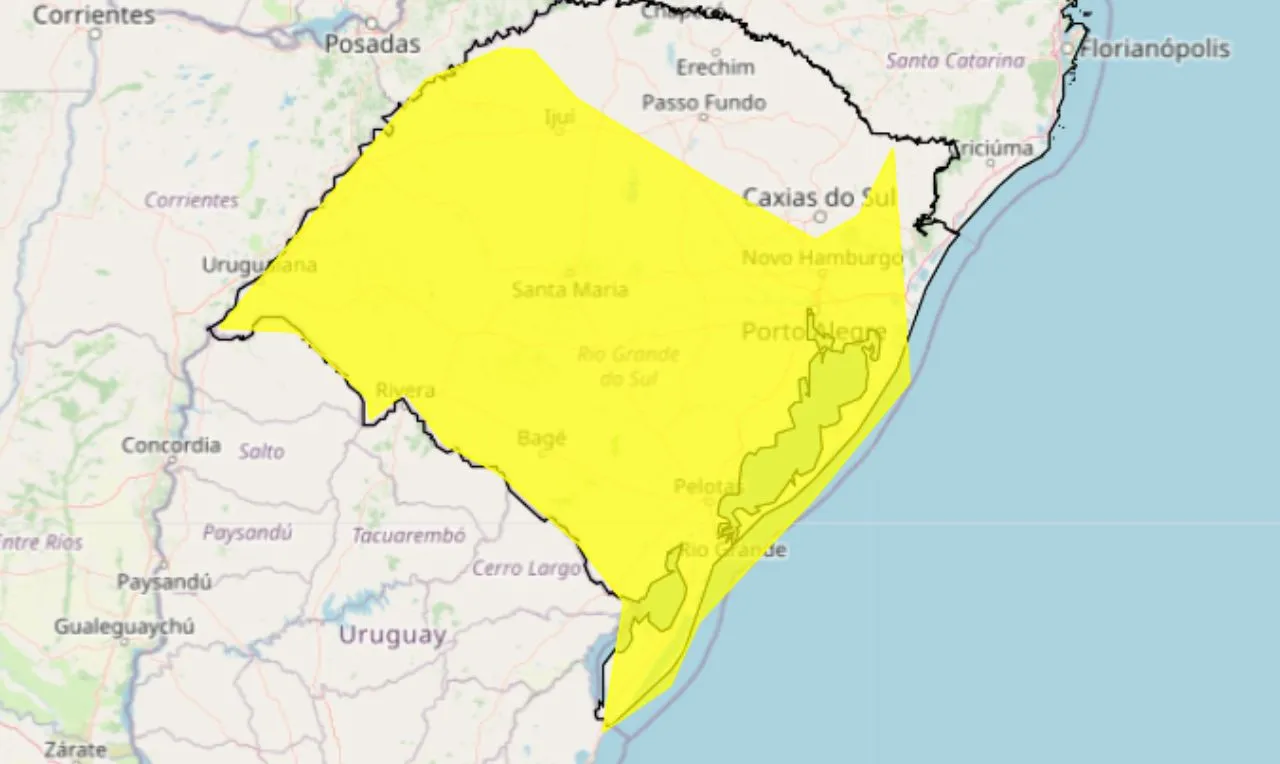 O mapa mostra as áreas em alerta amarelo para tempestade e ventos